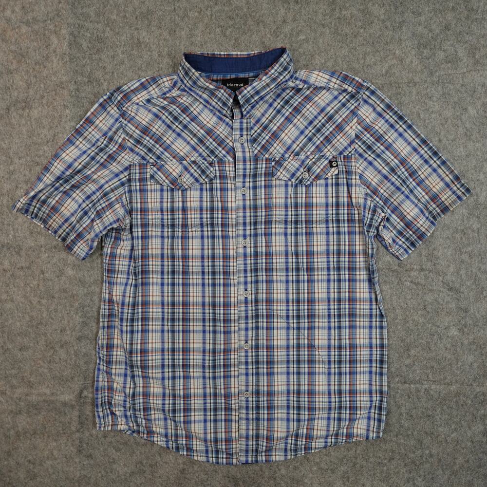 Marmot Shirt Mens Large Button Up Checked Short Sleeve Performance Blue Hiking